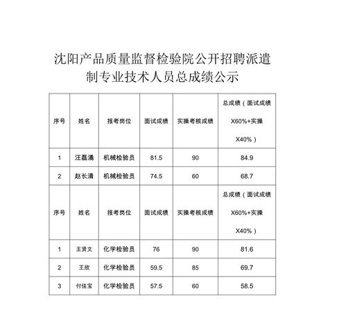 沈阳产品质量监督检验院公开招聘派遣制专业技术人员总成绩公示